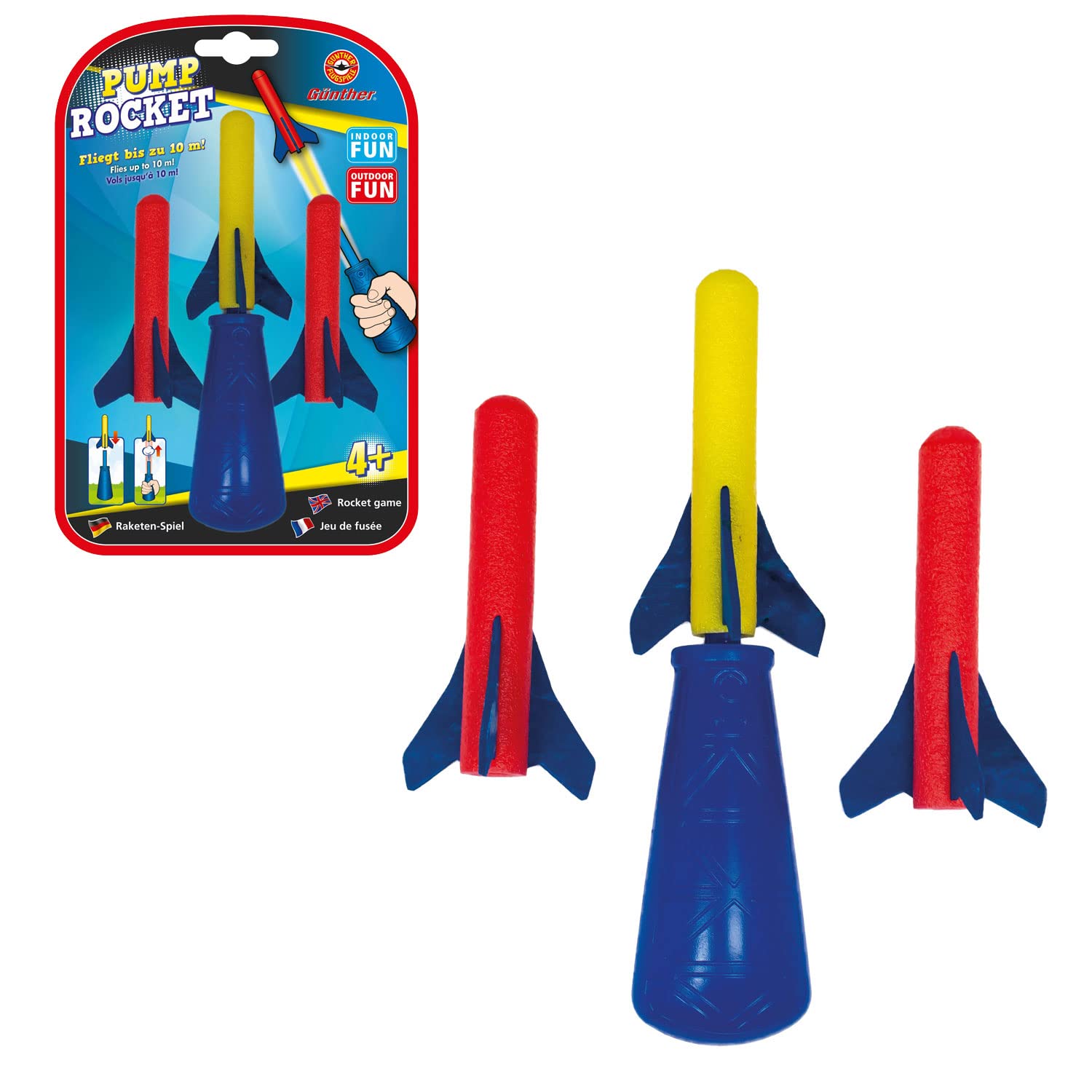Günther Flugspiele 1557 - Raketenspiel Pump Rocket, ca. 15 x 8 cm, Wurfspiel mit 3 Schaumstoff-Raketen und Abschusspistole, Raketen Spielzeug für Kinder ab 4 Jahren, bis zu 10 m Reichweite - Image 2