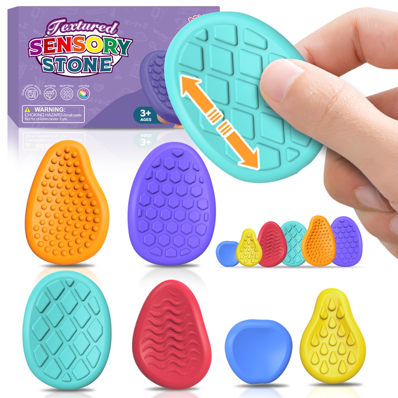Bdwing Silikon Fidget Toys Sensory Stones, 6 Stück Sensorik Spielzeug Anti Stress Spielzeug, Worry Stone Stressabbau Reliever Geschenk für Kinder und Erwachsene, ADHS & Autismus Sensory Toys