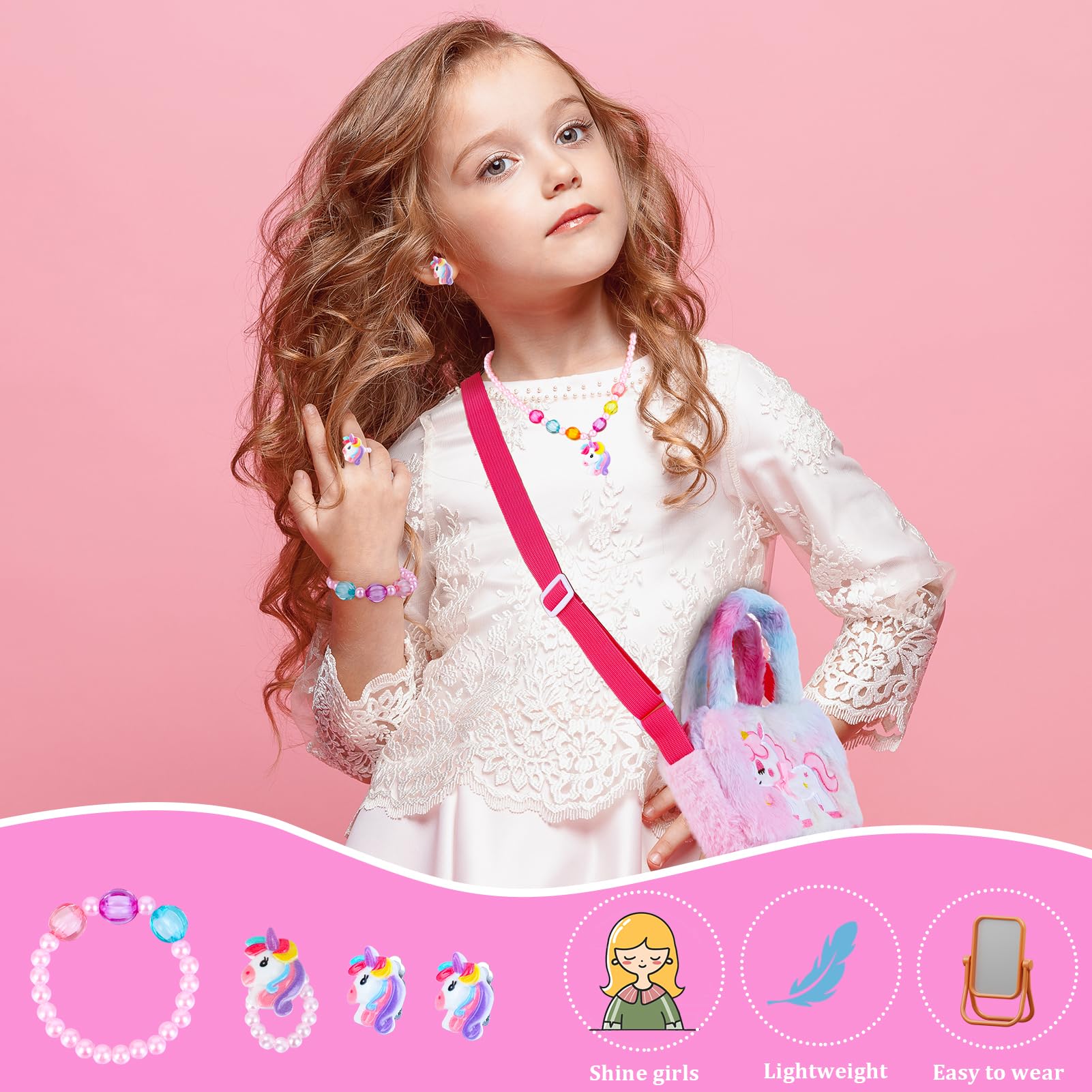Apricitie Einhorn Handtasche - Geschenkset mit Schmuck für Mädchen (3-7 Jahre) - Einhorn Kinderschmuck: Halskette, Armband, Ring, Haarspange - Image 5