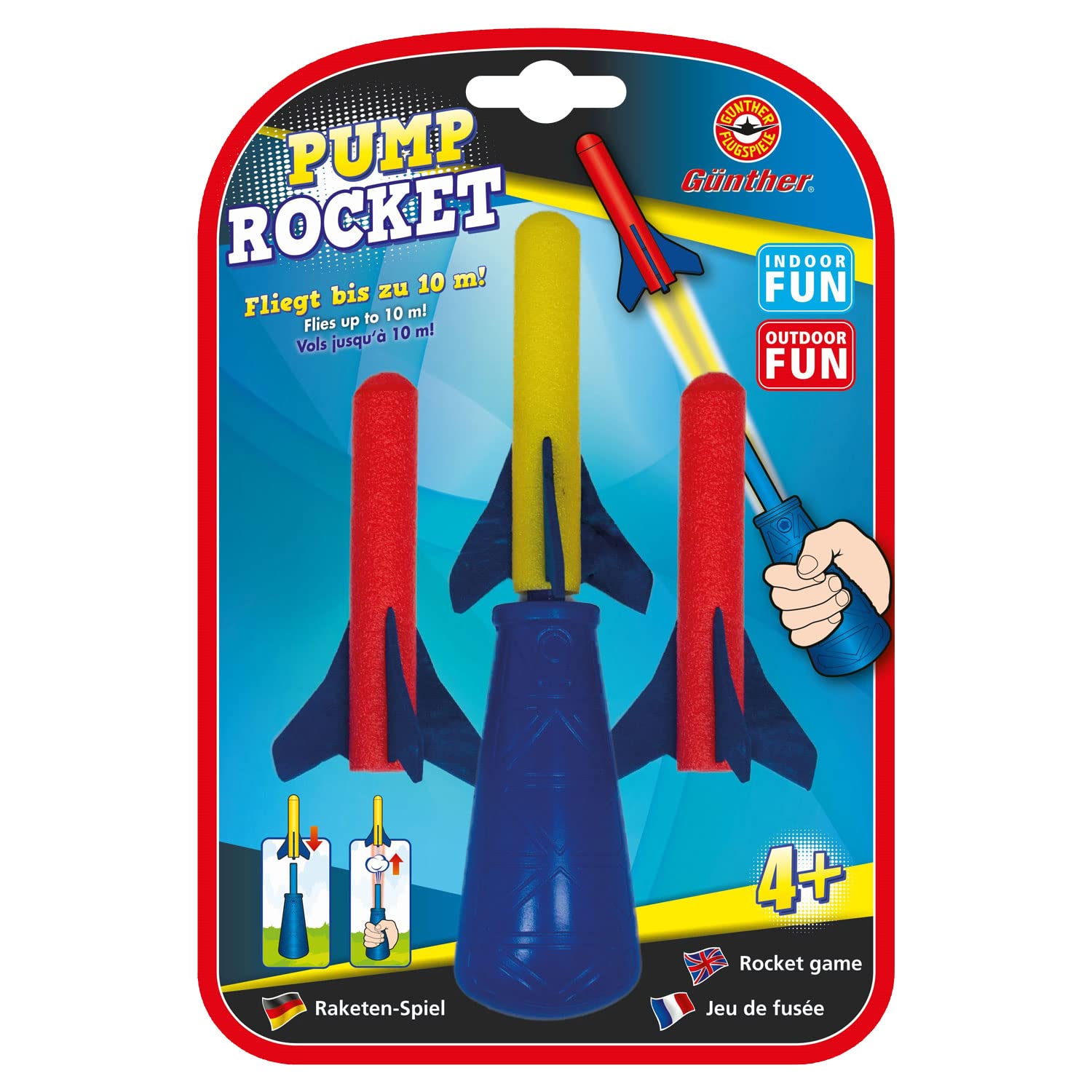 Günther Flugspiele 1557 - Raketenspiel Pump Rocket, ca. 15 x 8 cm, Wurfspiel mit 3 Schaumstoff-Raketen und Abschusspistole, Raketen Spielzeug für Kinder ab 4 Jahren, bis zu 10 m Reichweite - Image 3