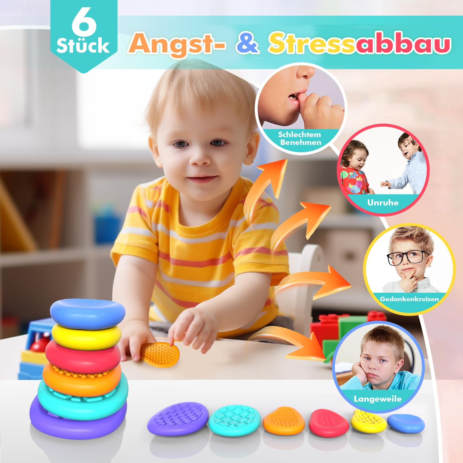 Bdwing Silikon Fidget Toys Sensory Stones, 6 Stück Sensorik Spielzeug Anti Stress Spielzeug, Worry Stone Stressabbau Reliever Geschenk für Kinder und Erwachsene, ADHS & Autismus Sensory Toys - Image 5