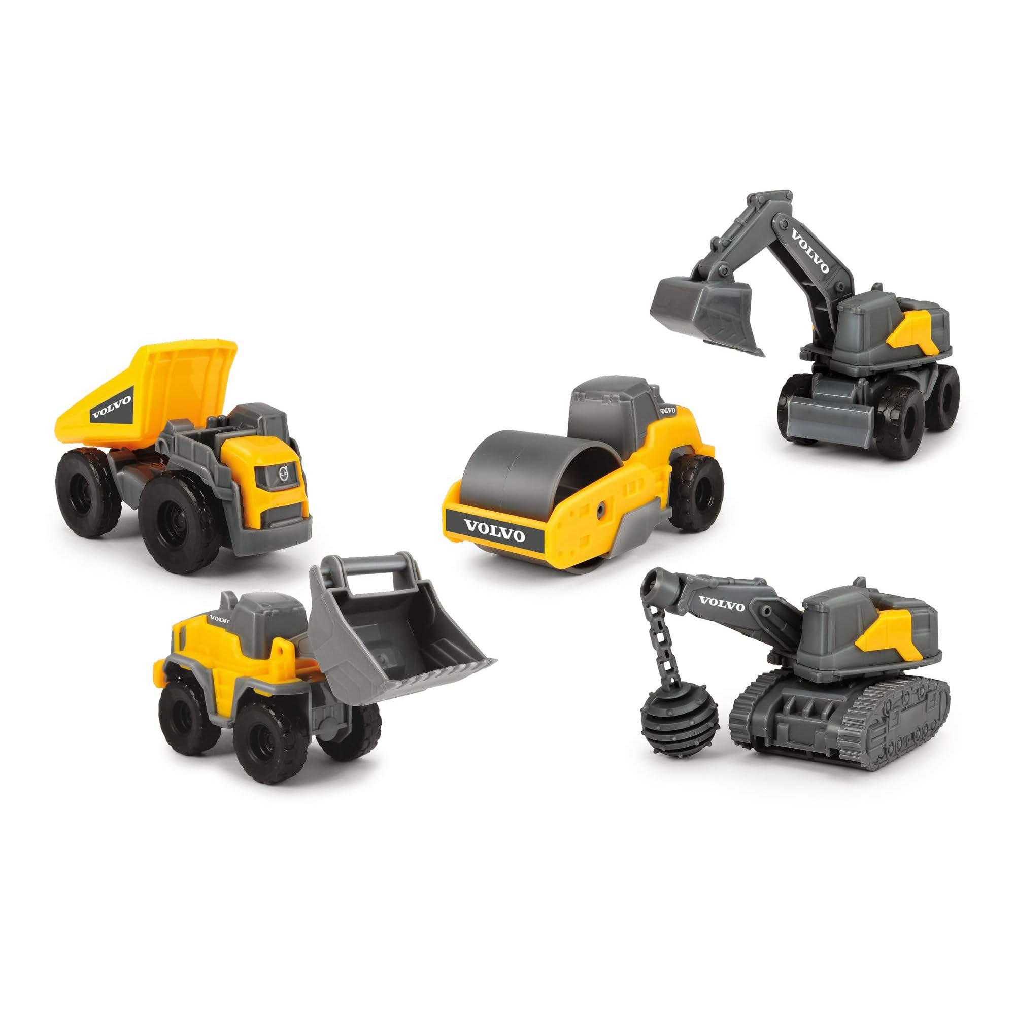 Dickie Toys Volvo Micro Workers 5er Set Baustellenfahrzeuge (je 10 cm) - Kinder Bagger Spielzeug, Radlader & Muldenkipper Auto Spielzeug mit Freilauf, Fahrzeuge ab 3 Jahren, gelb/grau - 203722008 - Image 9