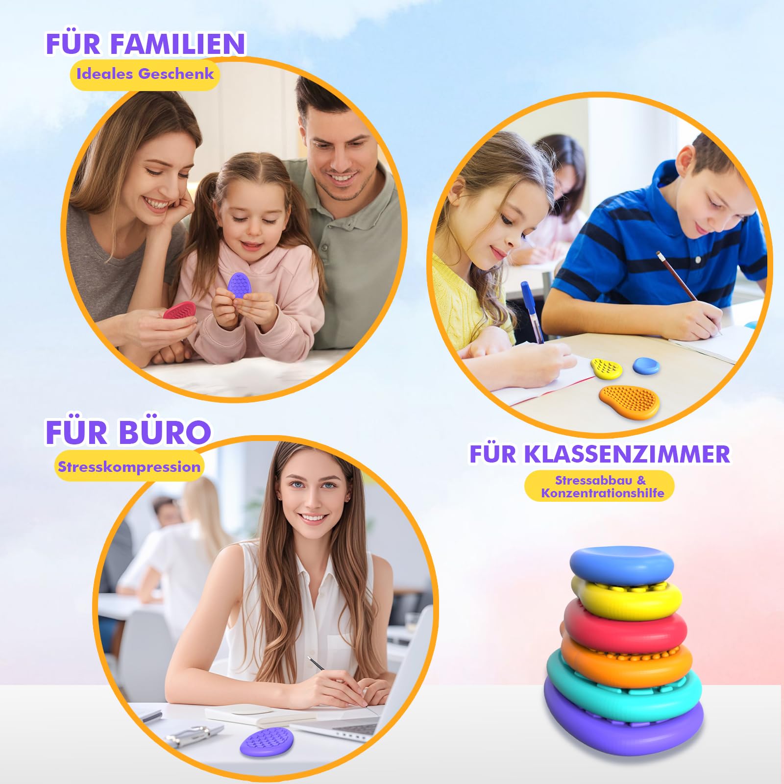 Bdwing Silikon Fidget Toys Sensory Stones, 6 Stück Sensorik Spielzeug Anti Stress Spielzeug, Worry Stone Stressabbau Reliever Geschenk für Kinder und Erwachsene, ADHS & Autismus Sensory Toys - Image 2