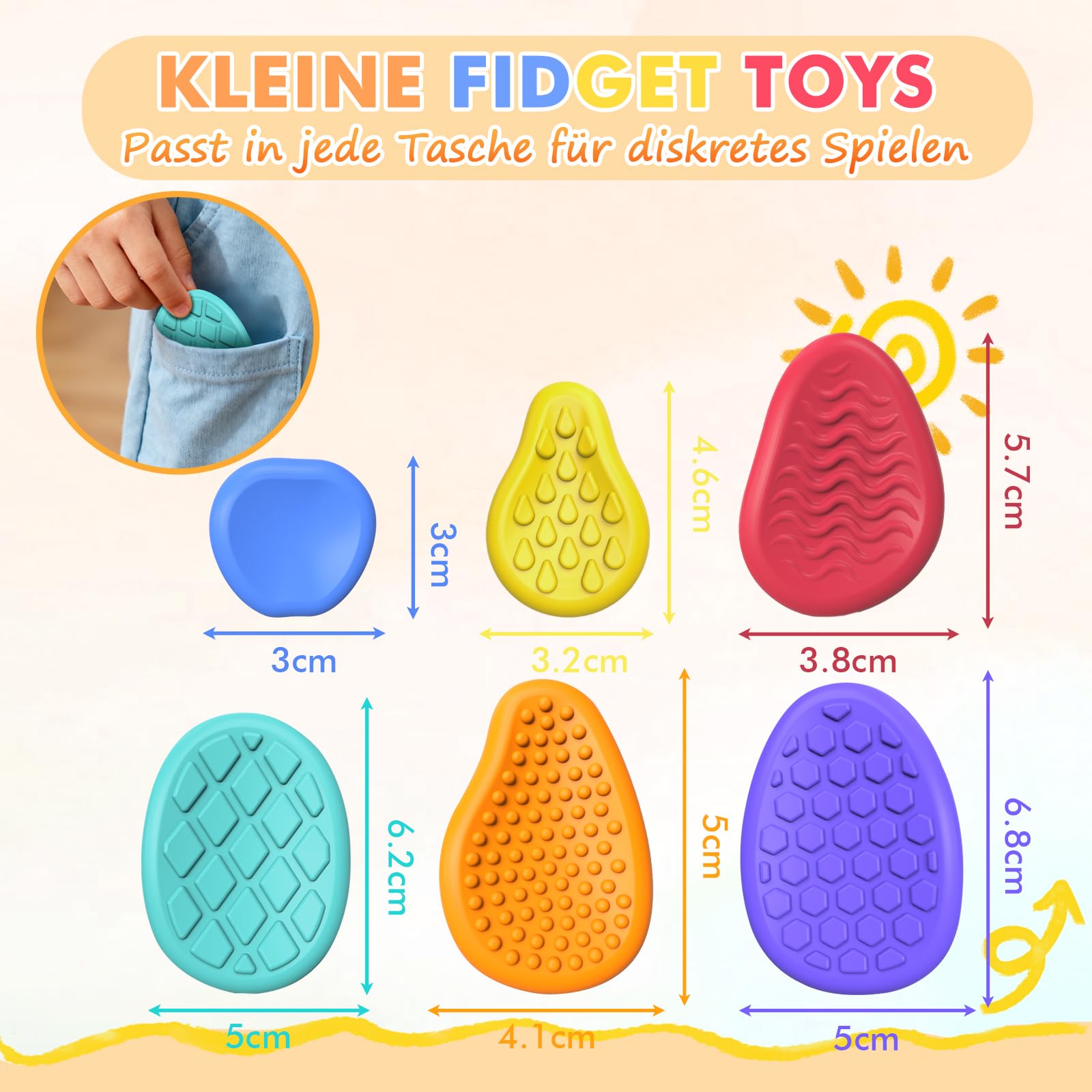 Bdwing Silikon Fidget Toys Sensory Stones, 6 Stück Sensorik Spielzeug Anti Stress Spielzeug, Worry Stone Stressabbau Reliever Geschenk für Kinder und Erwachsene, ADHS & Autismus Sensory Toys - Image 7
